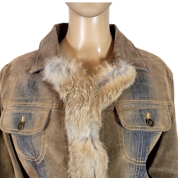Marie Claire Jeans Tan/Blue Denim Jacket with Fur Cuffs Collar Trim size M - Picture 5 of 12